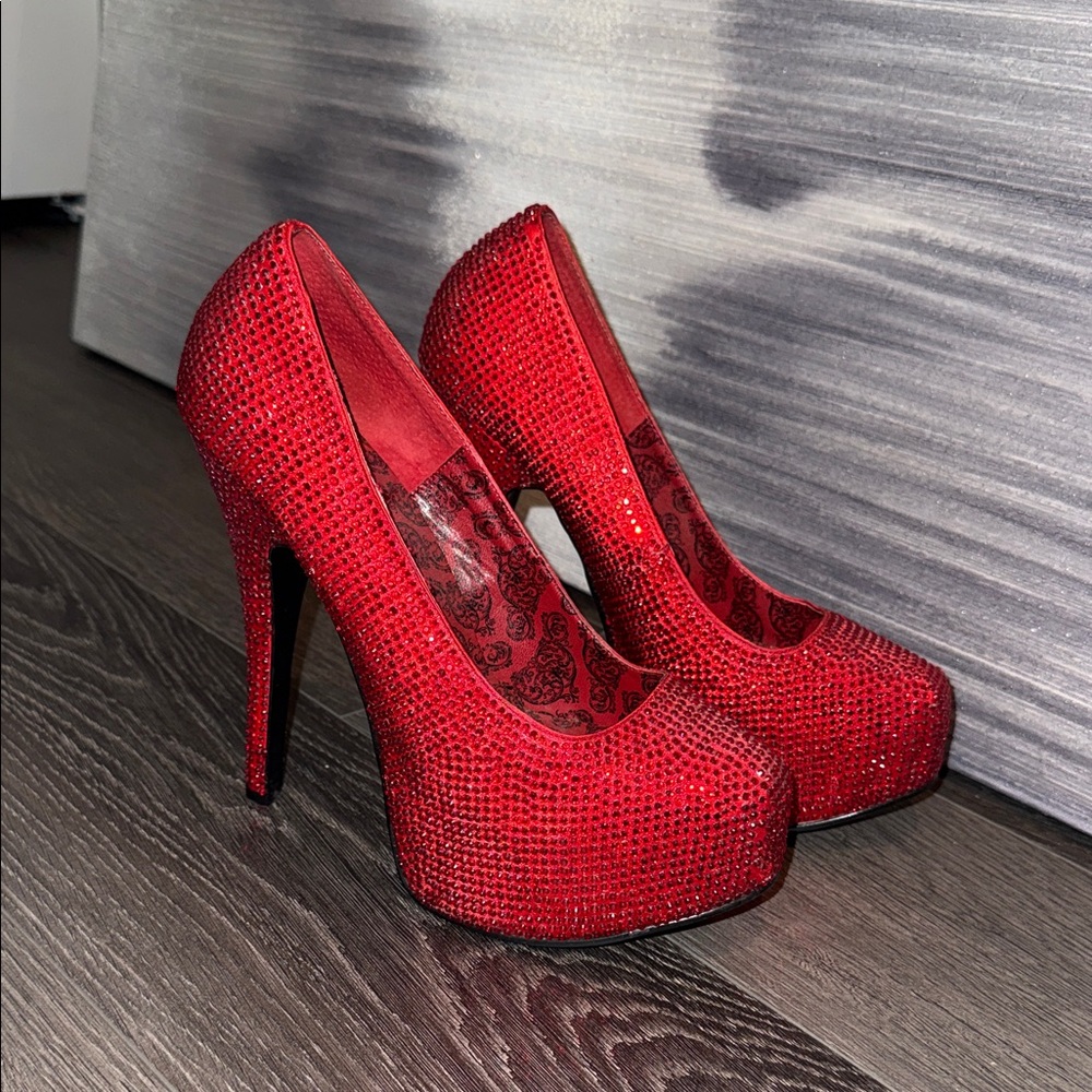 Bordello Red Crystal Platform Pumps
